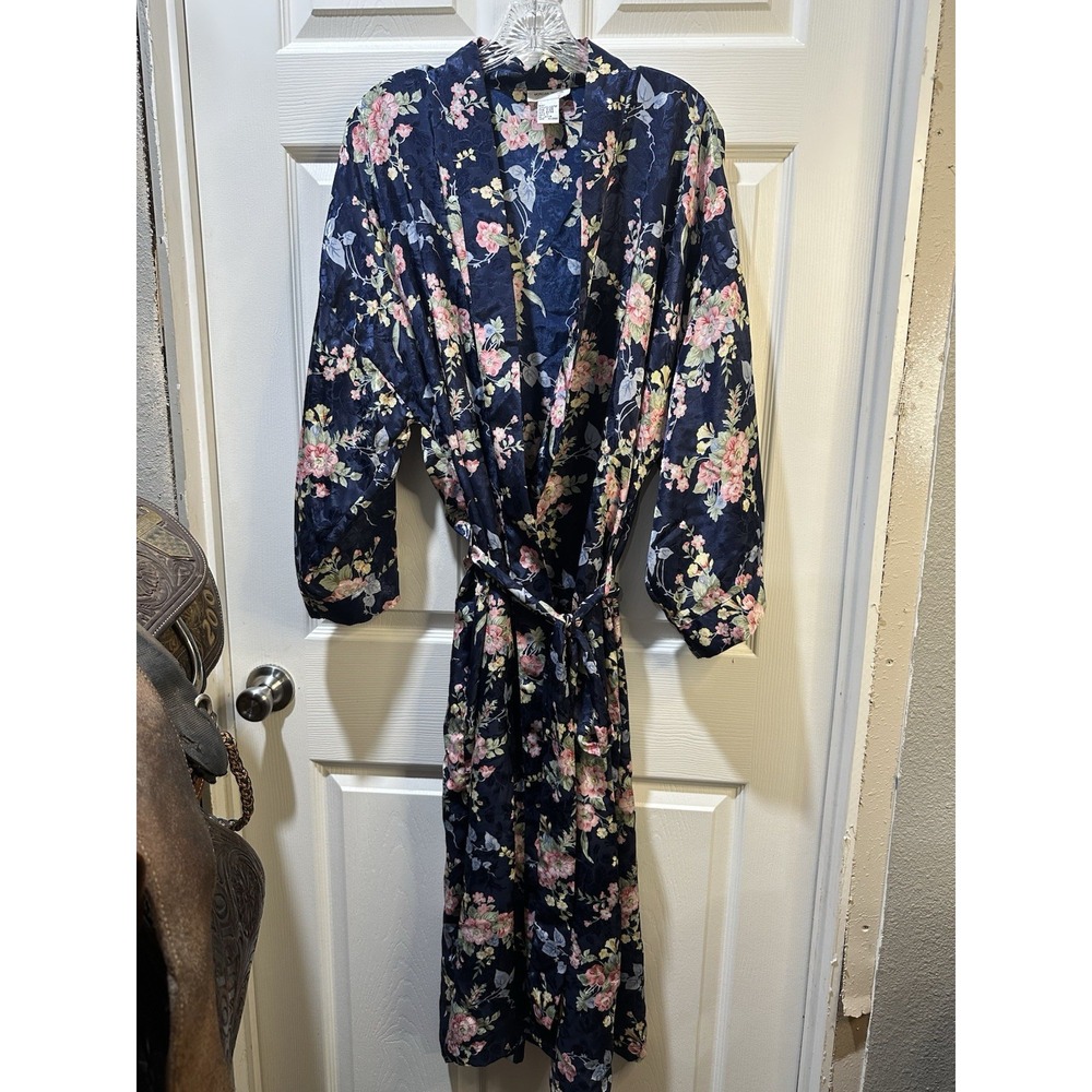 VTG 90's MORGAN TAYLOR INTIMATES BLUE FLORAL SATIN ROBE W/ ATTACHED BELT ONE SZ‎